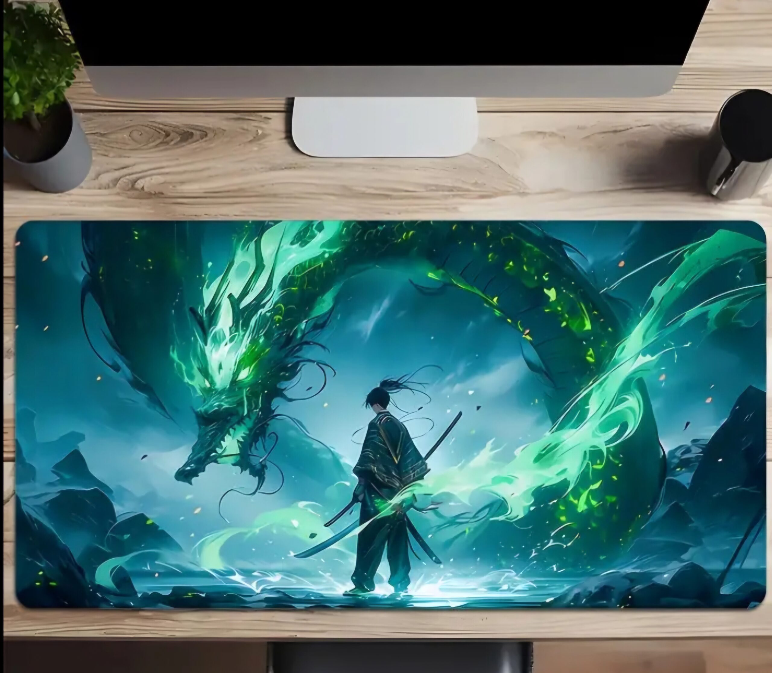 Swordsman and green dragon Mousepad